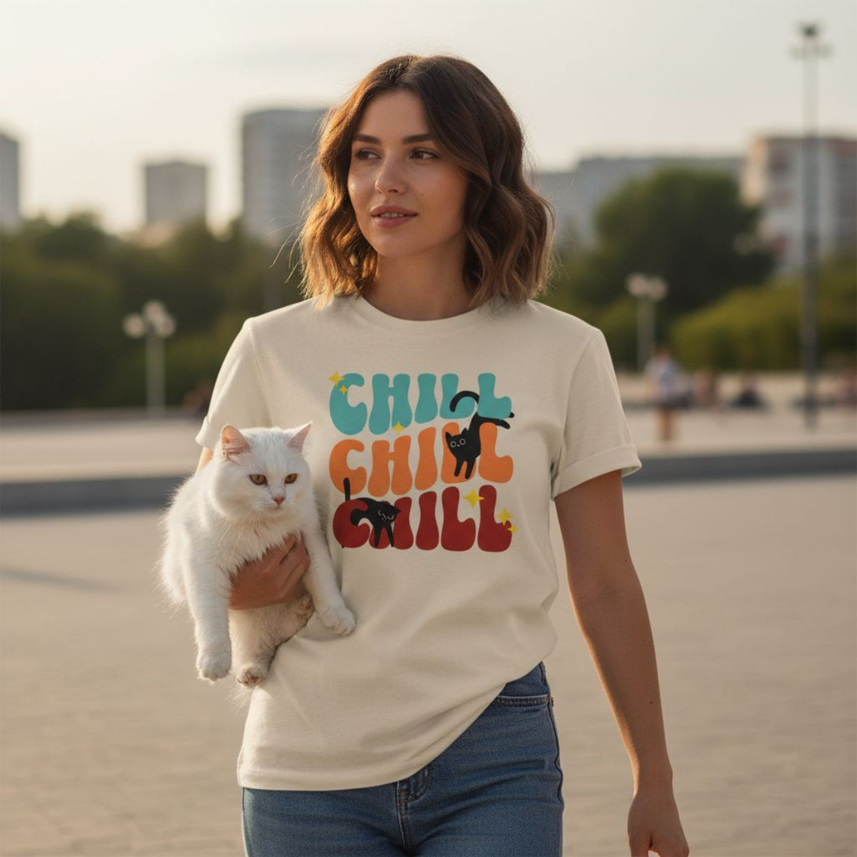 B&B Print Your Vibe “Chill Cat” Women’s T-Shirt – 100% Cotton Graphic Tee for Pet Lovers