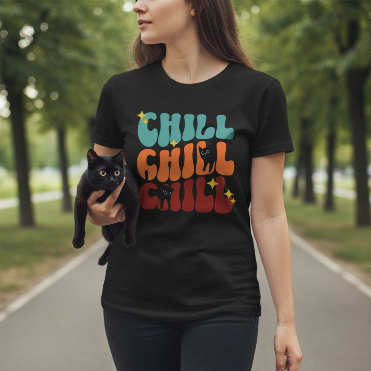 B&B Print Your Vibe “Chill Cat” Women’s T-Shirt – 100% Cotton Graphic Tee for Pet Lovers
