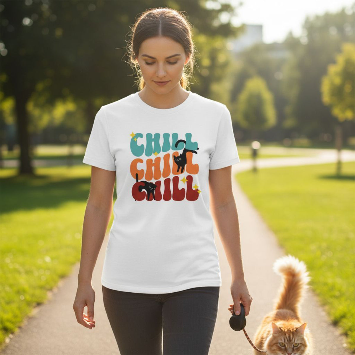 B&B Print Your Vibe “Chill Cat” Women’s T-Shirt – 100% Cotton Graphic Tee for Pet Lovers