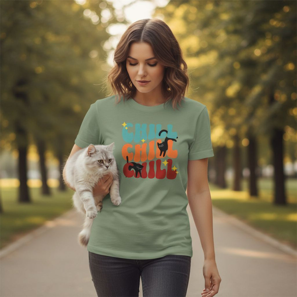 B&B Print Your Vibe “Chill Cat” Women’s T-Shirt – 100% Cotton Graphic Tee for Pet Lovers