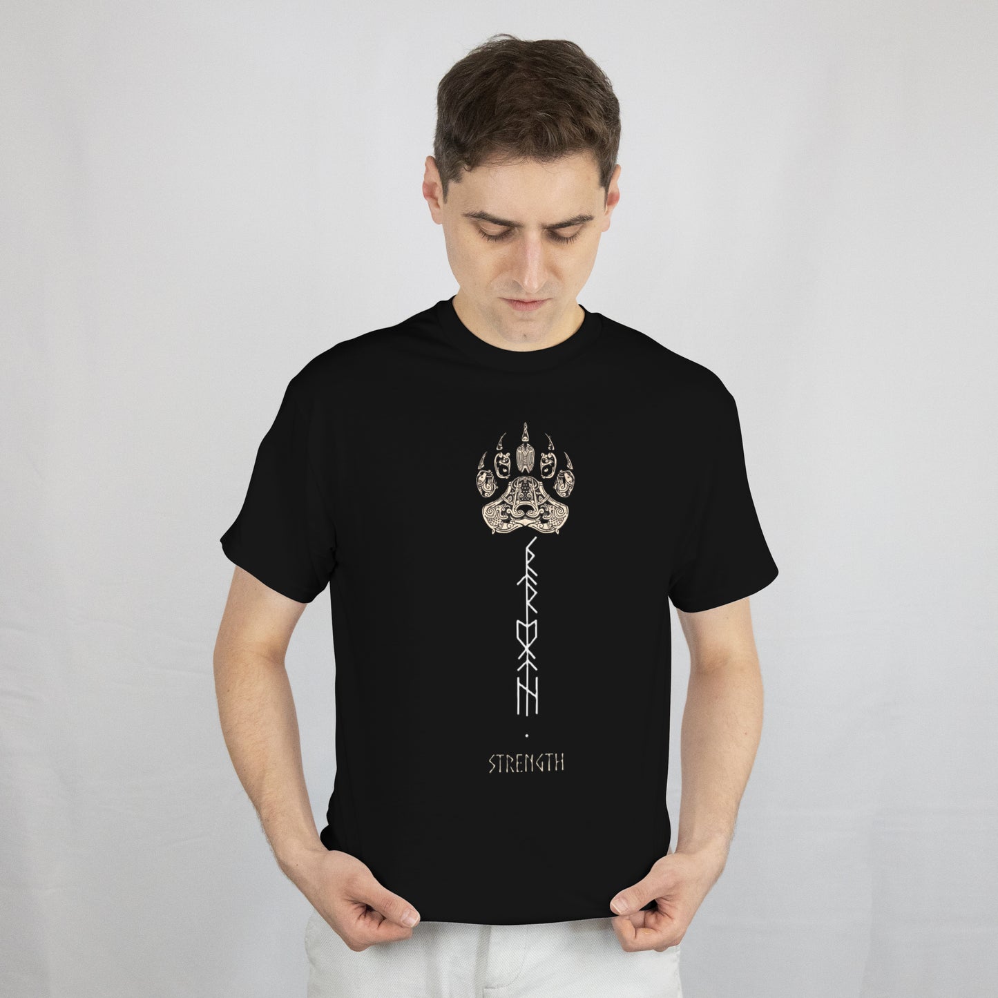 Viking Strength Rune Unisex T-Shirt, Black Cotton 50/50 DryBlend, Nordic Paw Print Design with Ancient Runic Symbols