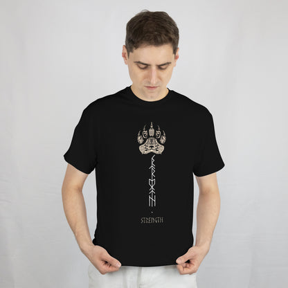 Viking Strength Rune Unisex T-Shirt, Black Cotton 50/50 DryBlend, Nordic Paw Print Design with Ancient Runic Symbols