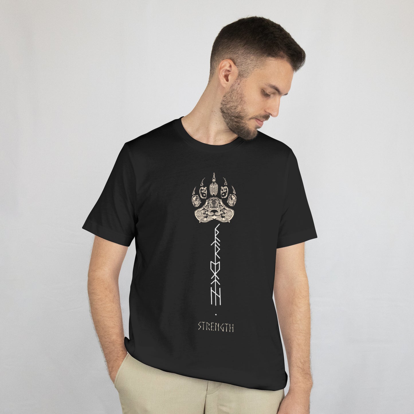 Viking Strength Rune Unisex T-Shirt, Black Cotton 50/50 DryBlend, Nordic Paw Print Design with Ancient Runic Symbols