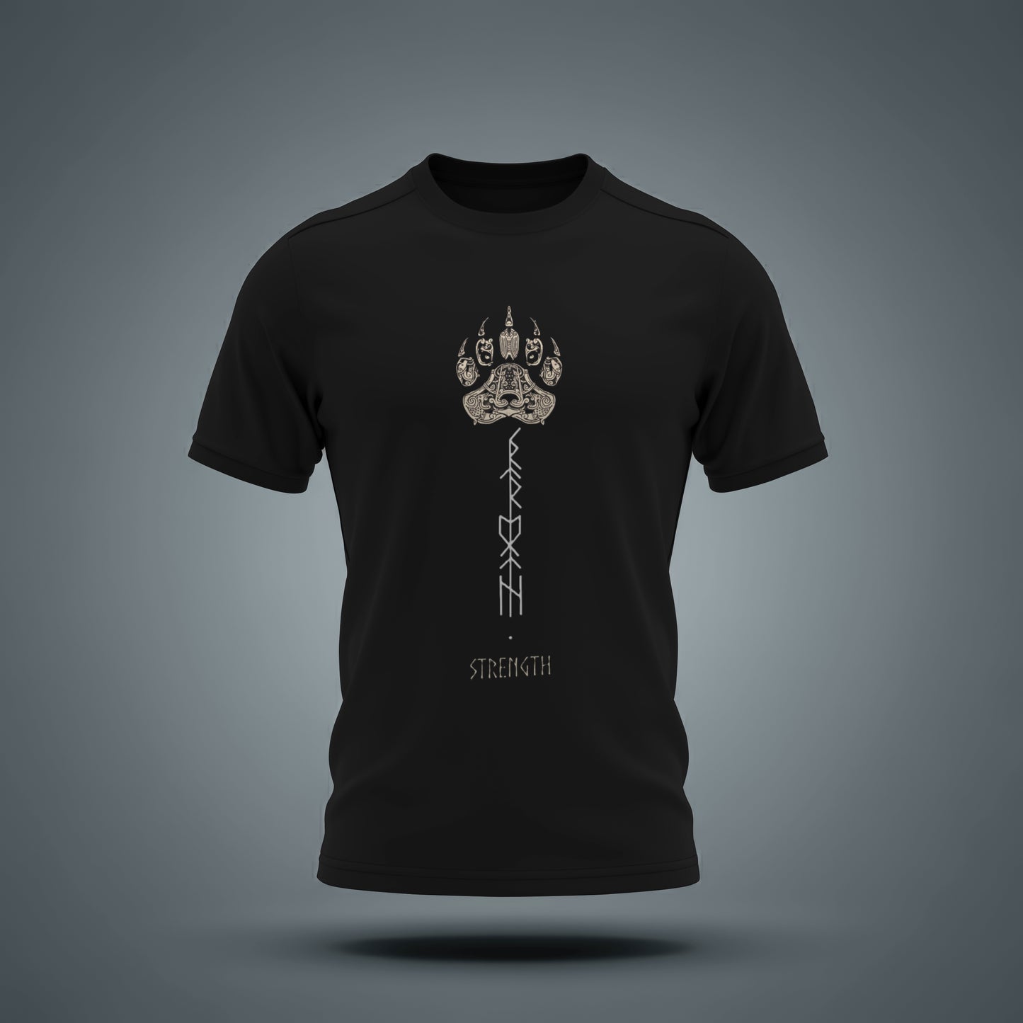 Viking Strength Rune Unisex T-Shirt, Black Cotton 50/50 DryBlend, Nordic Paw Print Design with Ancient Runic Symbols