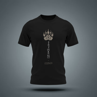 Viking Strength Rune Unisex T-Shirt, Black Cotton 50/50 DryBlend, Nordic Paw Print Design with Ancient Runic Symbols