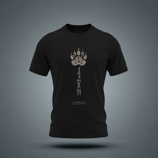 Viking Strength Rune Unisex T-Shirt, Black Cotton 50/50 DryBlend, Nordic Paw Print Design with Ancient Runic Symbols