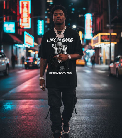 B&B Print Your Vibe “Life is Good Future Rapper” Black Max Heavyweight 7.5oz Oversized Streetwear Graphic T-Shirt for Men – 100% Cotton with Lycra Collar