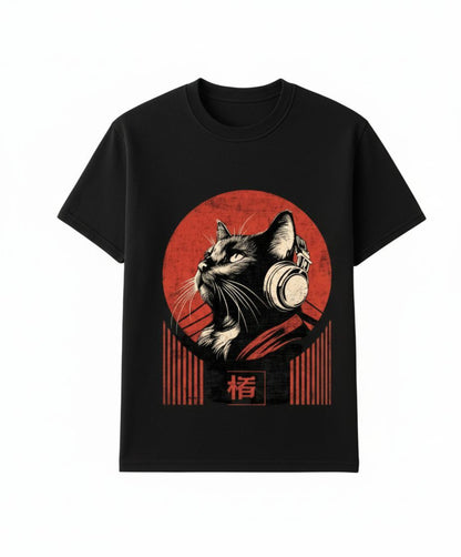 B&B Print Your Vibe "Headphone Cat" Unisex T-Shirt – 100% Cotton Music Lover Graphic Tee for Cat Fans & Streetwear Style