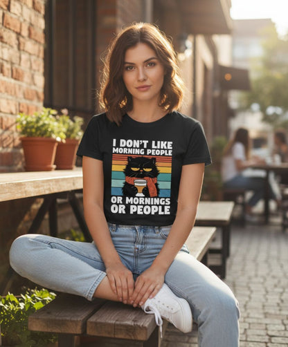 B&B Print Your Vibe “I don't like morning people, or Mornings or people” Unisex Graphic Cat T-Shirt – 100% Cotton Funny Pet Lover Tee –