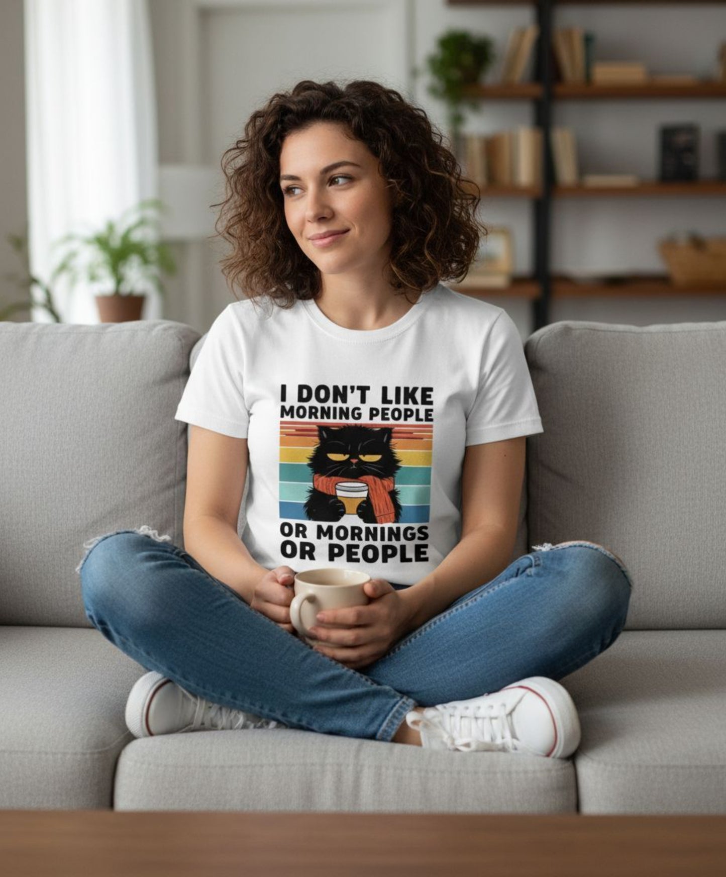 B&B Print Your Vibe “I don't like morning people, or Mornings or people” Unisex Graphic Cat T-Shirt – 100% Cotton Funny Pet Lover Tee –