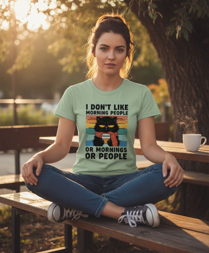 B&B Print Your Vibe “I don't like morning people, or Mornings or people” Unisex Graphic Cat T-Shirt – 100% Cotton Funny Pet Lover Tee –
