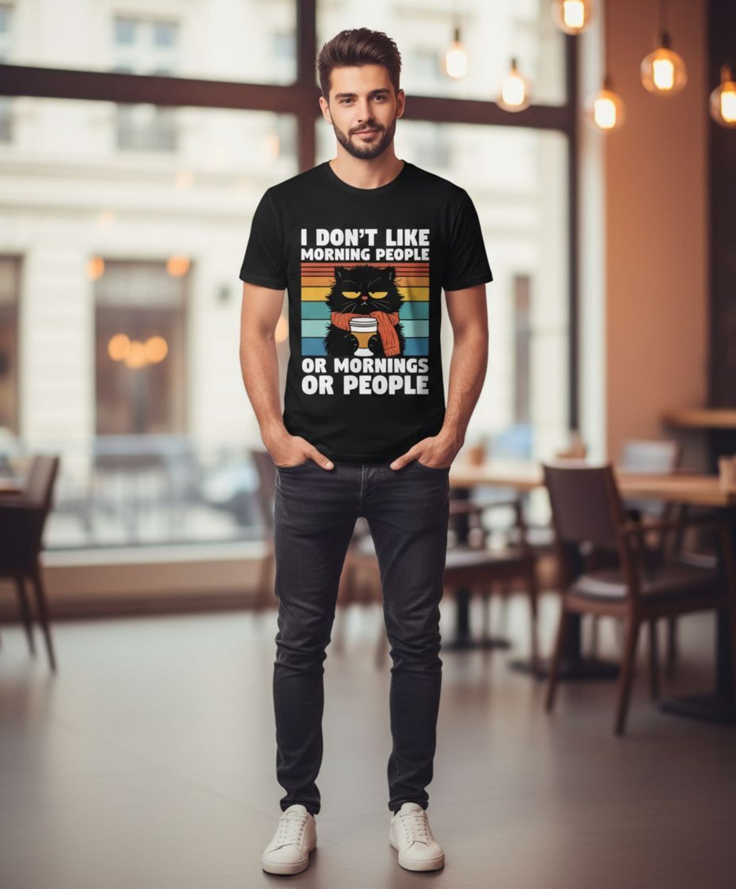 B&B Print Your Vibe “I don't like morning people, or Mornings or people” Unisex Graphic Cat T-Shirt – 100% Cotton Funny Pet Lover Tee –