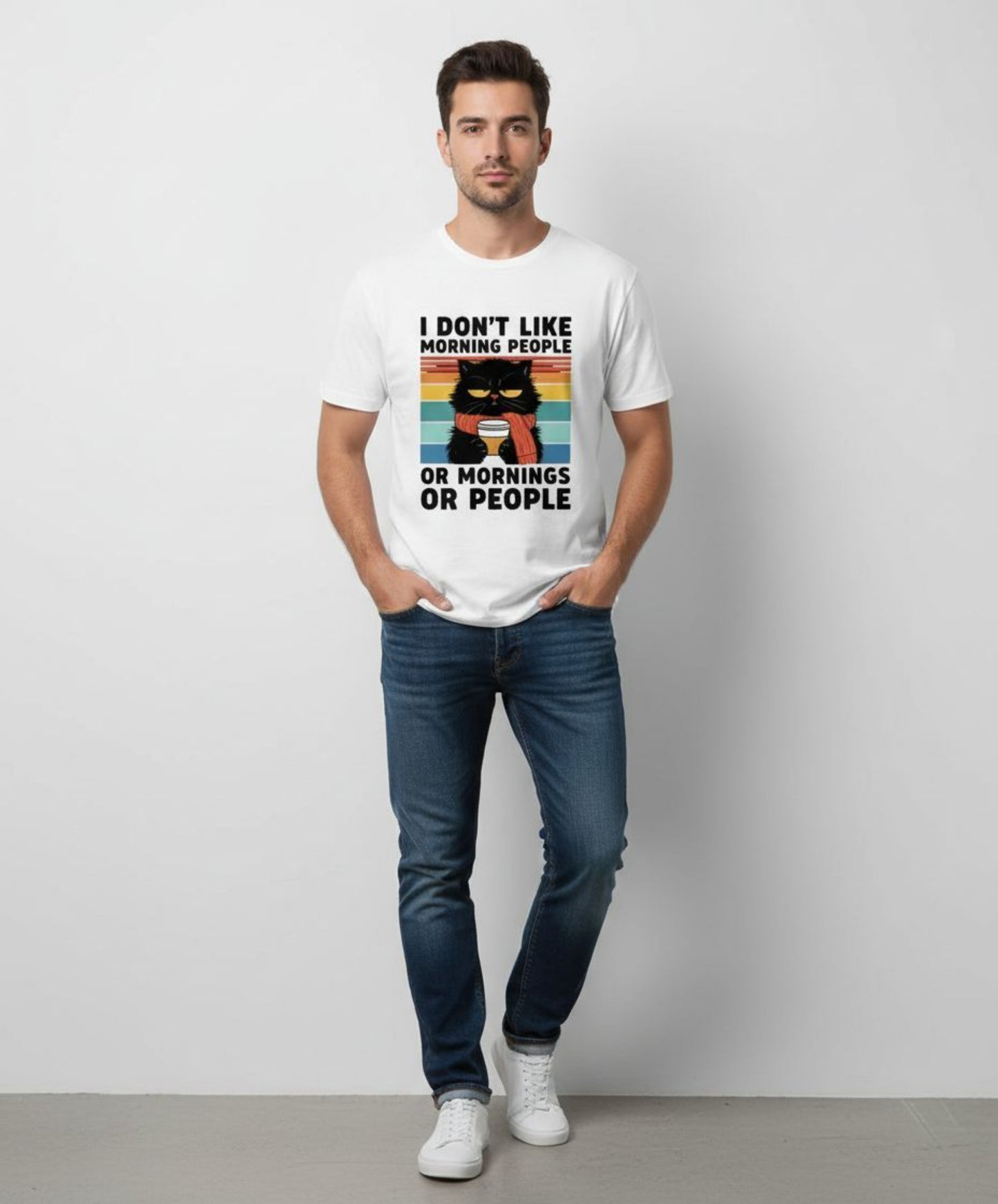 B&B Print Your Vibe “I don't like morning people, or Mornings or people” Unisex Graphic Cat T-Shirt – 100% Cotton Funny Pet Lover Tee –