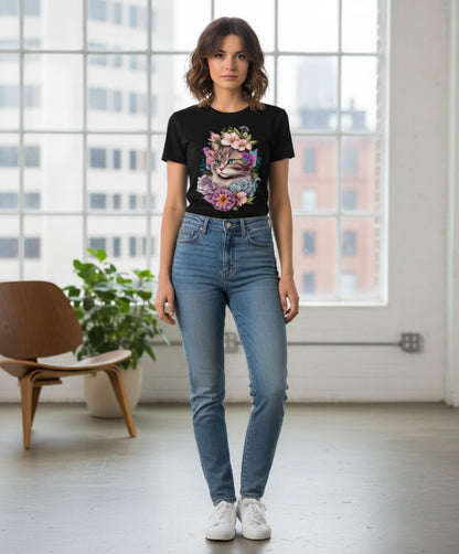 B&B Print Your Vibe “Cute and colorful  Women’s Graphic Cat T-Shirt 100% Cotton Fun Pet Lover Tee – Soft Casual