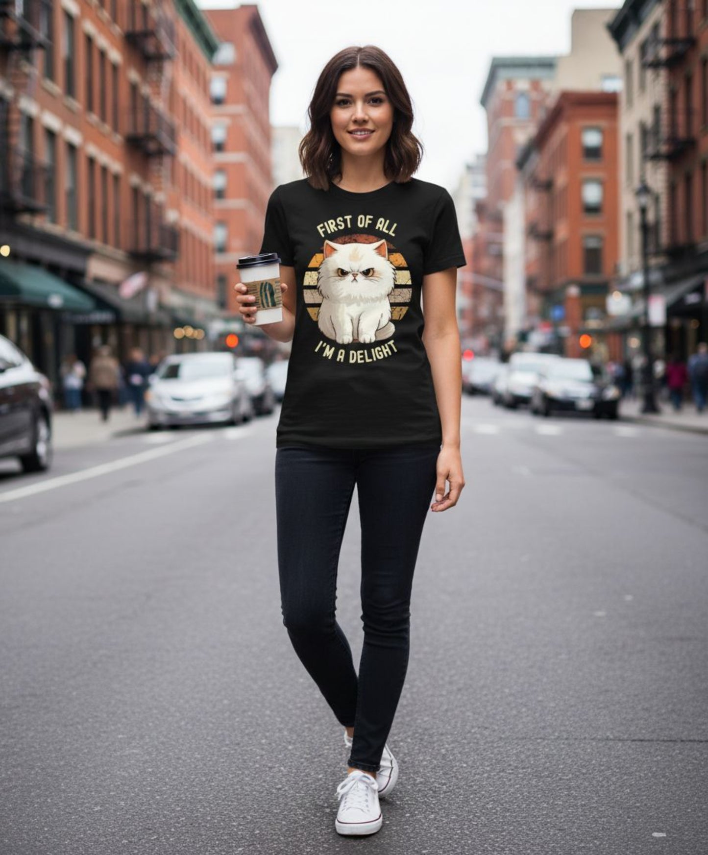 B&B Print Your Vibe “First of all, I'm a Delight” Unisex Graphic Cat T-Shirt – 100% Cotton Fun Pet Lover Tee