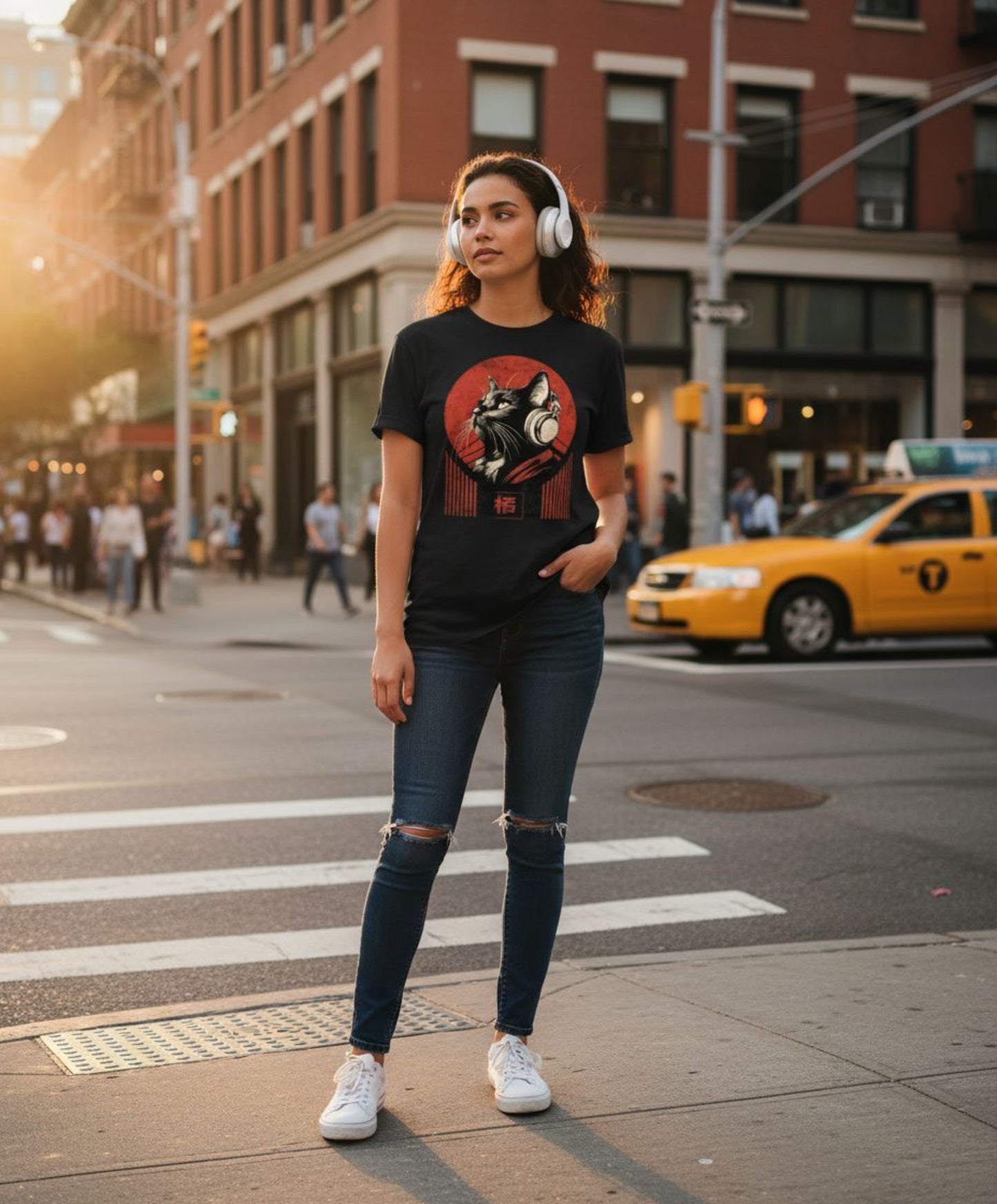 B&B Print Your Vibe "Headphone Cat" Unisex T-Shirt – 100% Cotton Music Lover Graphic Tee for Cat Fans & Streetwear Style