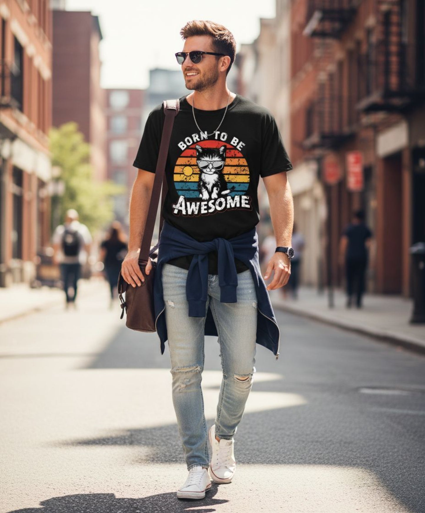 B&B Print Your Vibe “Born to Be Awesome” Unisex Cat Graphic T-Shirt – 100% Cotton Funny Pet Lover Tee