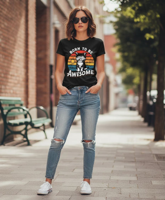 B&B Print Your Vibe “Born to Be Awesome” Unisex Cat Graphic T-Shirt – 100% Cotton Funny Pet Lover Tee