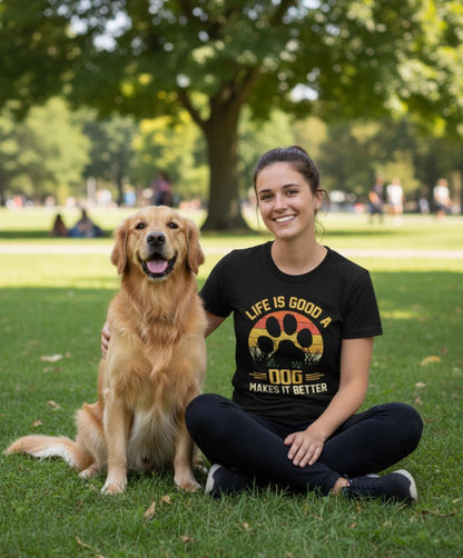 B&B Print Your Vibe "Life is good, Dog makes it better" Unisex T-Shirt -100% Cotton Inspirational Graphic Tee for Dog Lovers