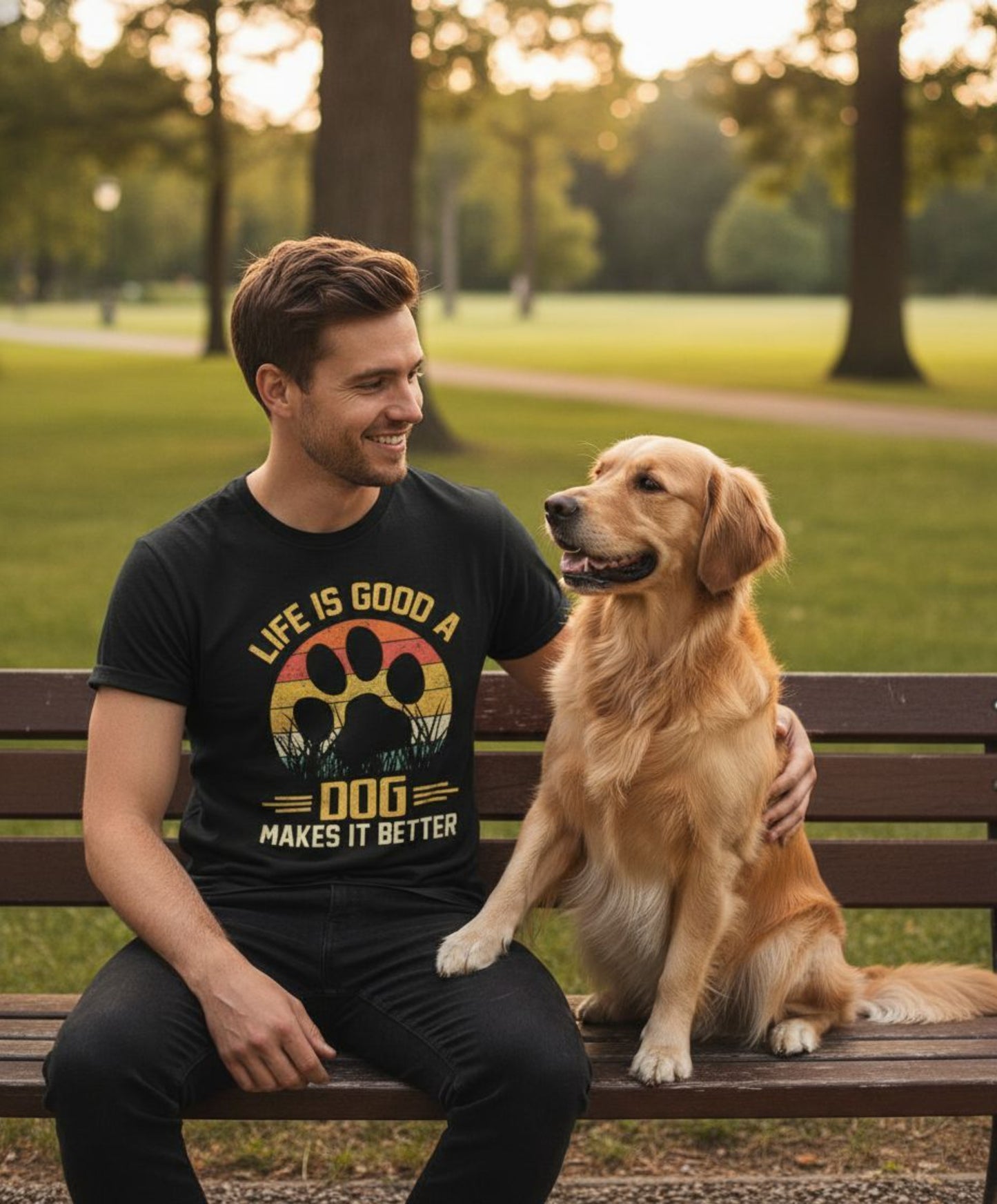 B&B Print Your Vibe "Life is good, Dog makes it better" Unisex T-Shirt -100% Cotton Inspirational Graphic Tee for Dog Lovers