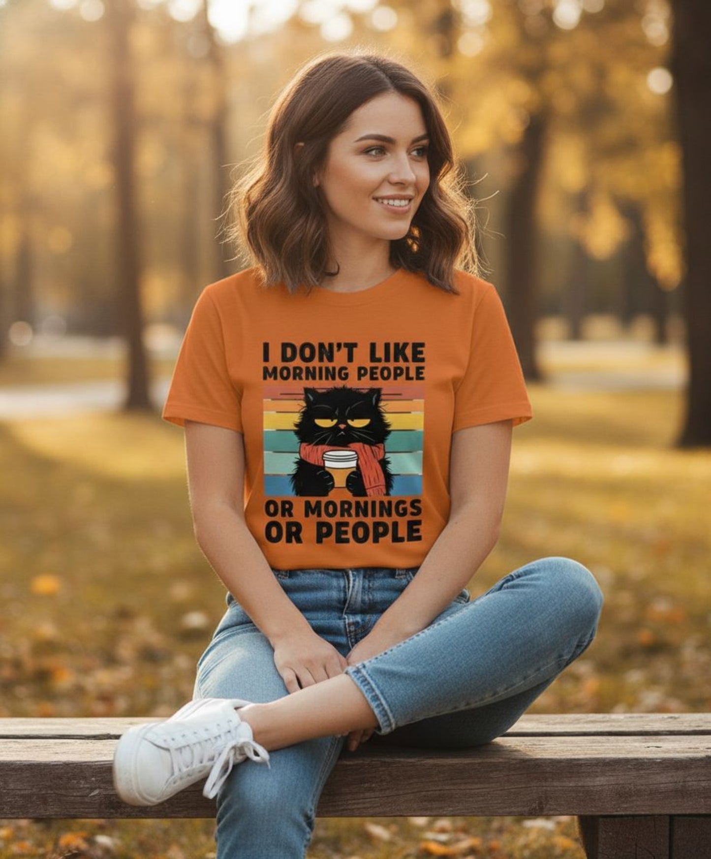 B&B Print Your Vibe “I don't like morning people, or Mornings or people” Unisex Graphic Cat T-Shirt – 100% Cotton Funny Pet Lover Tee –