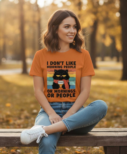 B&B Print Your Vibe “I don't like morning people, or Mornings or people” Unisex Graphic Cat T-Shirt – 100% Cotton Funny Pet Lover Tee –