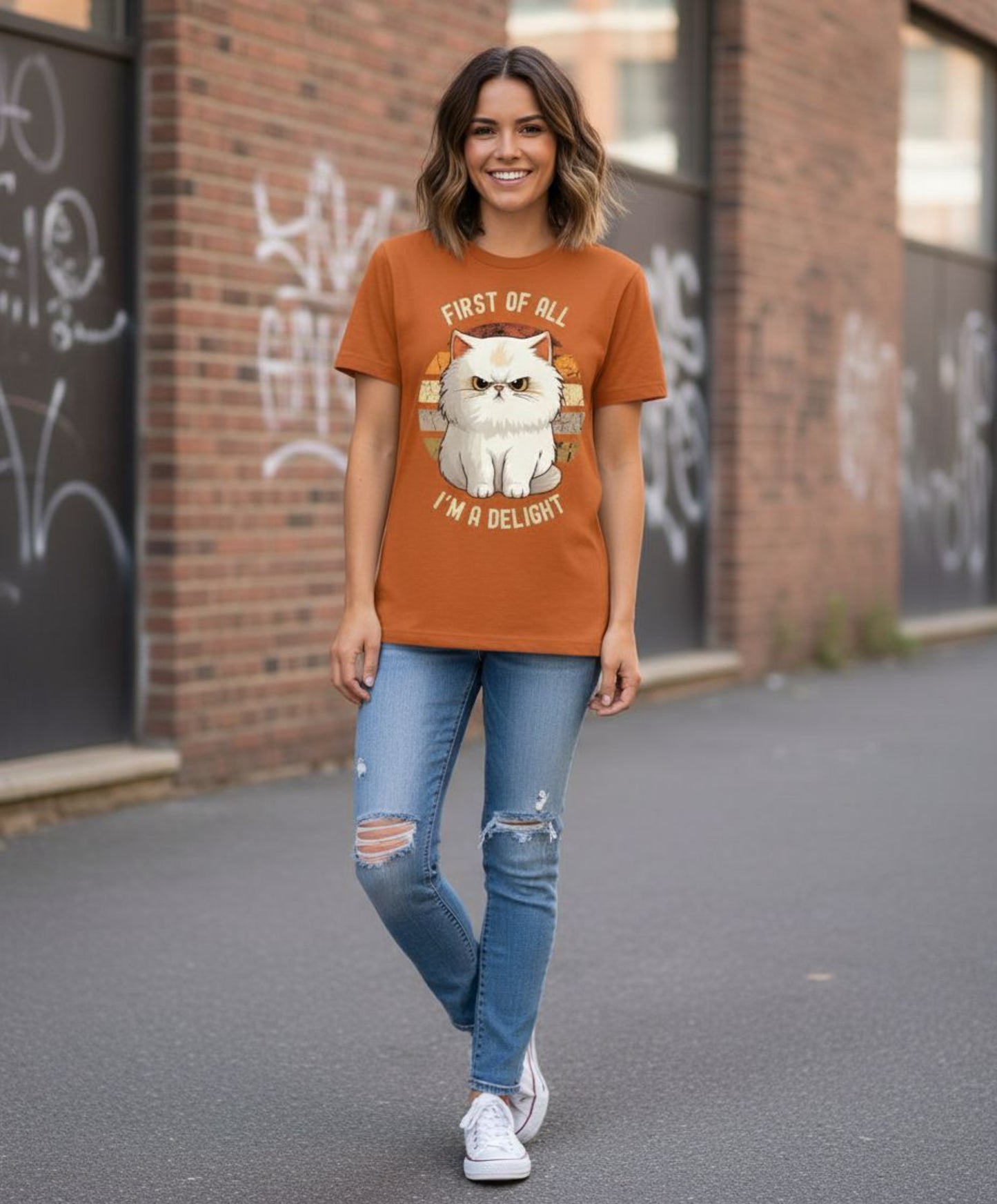 B&B Print Your Vibe “First of all, I'm a Delight” Unisex Graphic Cat T-Shirt – 100% Cotton Fun Pet Lover Tee