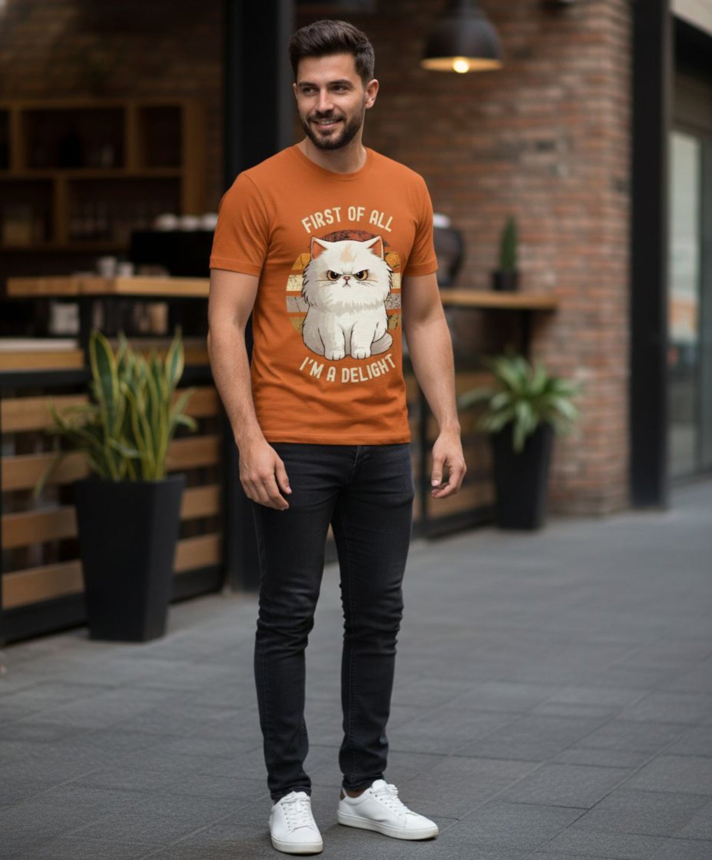 B&B Print Your Vibe “First of all, I'm a Delight” Unisex Graphic Cat T-Shirt – 100% Cotton Fun Pet Lover Tee