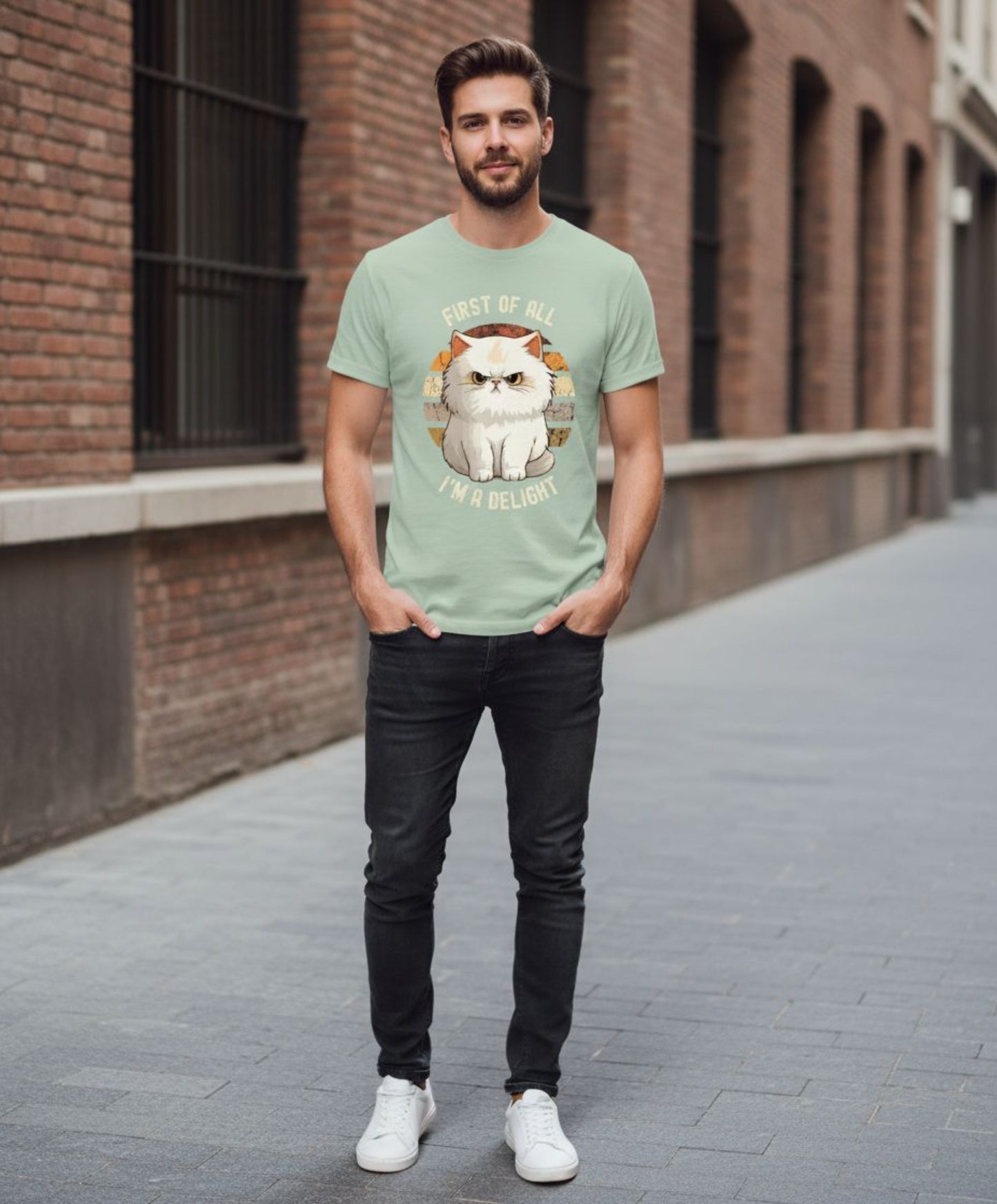 B&B Print Your Vibe “First of all, I'm a Delight” Unisex Graphic Cat T-Shirt – 100% Cotton Fun Pet Lover Tee